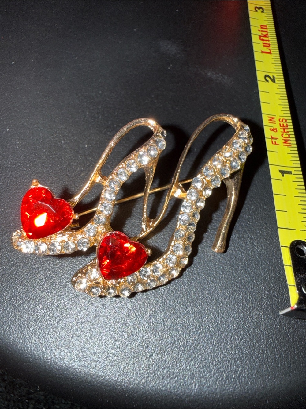 Gold-Tone High Heel Brooches with Red Heart Stones